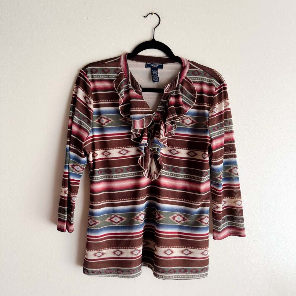 Chaps Brown + Red Southwest Semi-Sheer Tie Front Girlie Ruffle Blouse XL